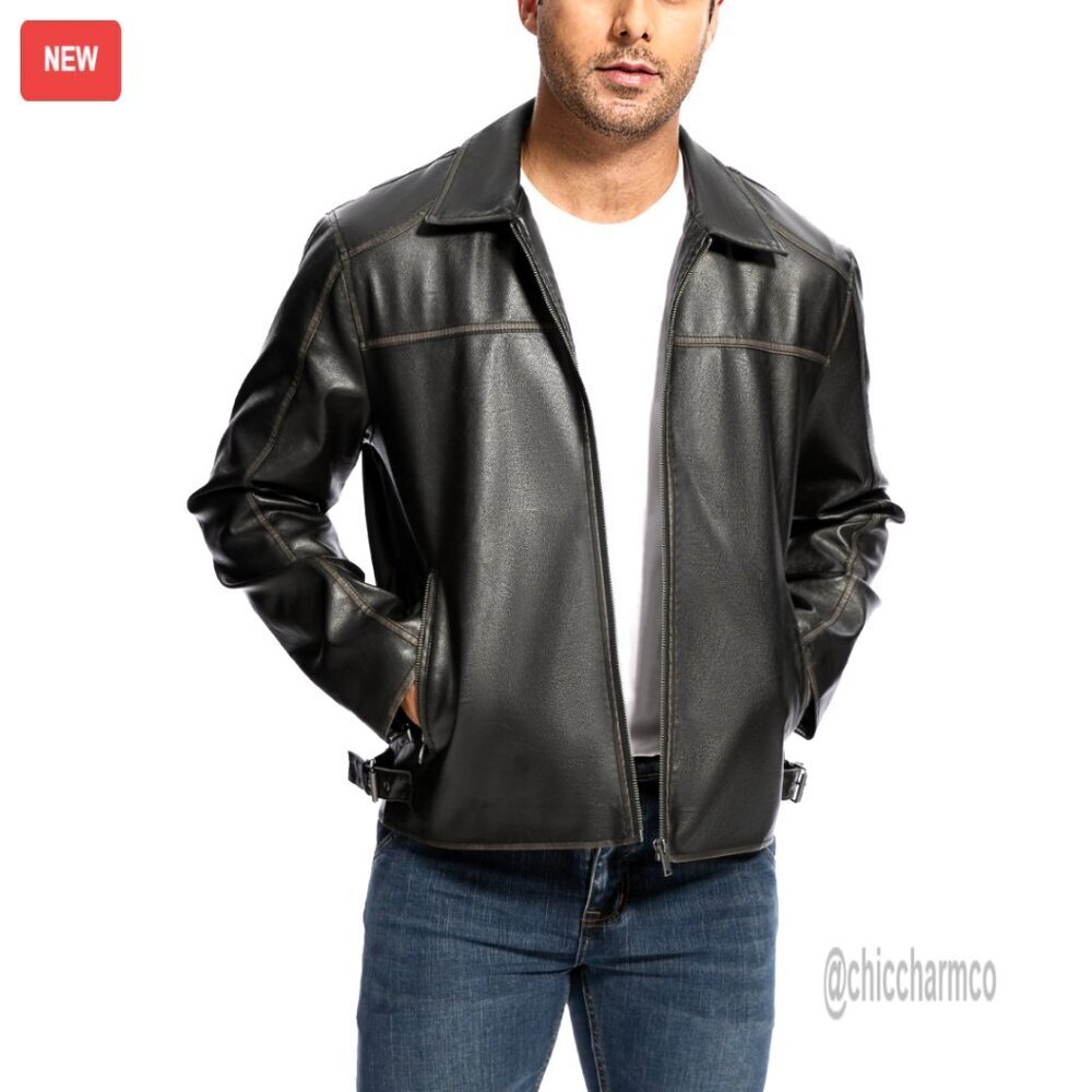 Faux Leather Bomber Jacket Vintage Motorcycle Style Lightweight Lapel Zipper